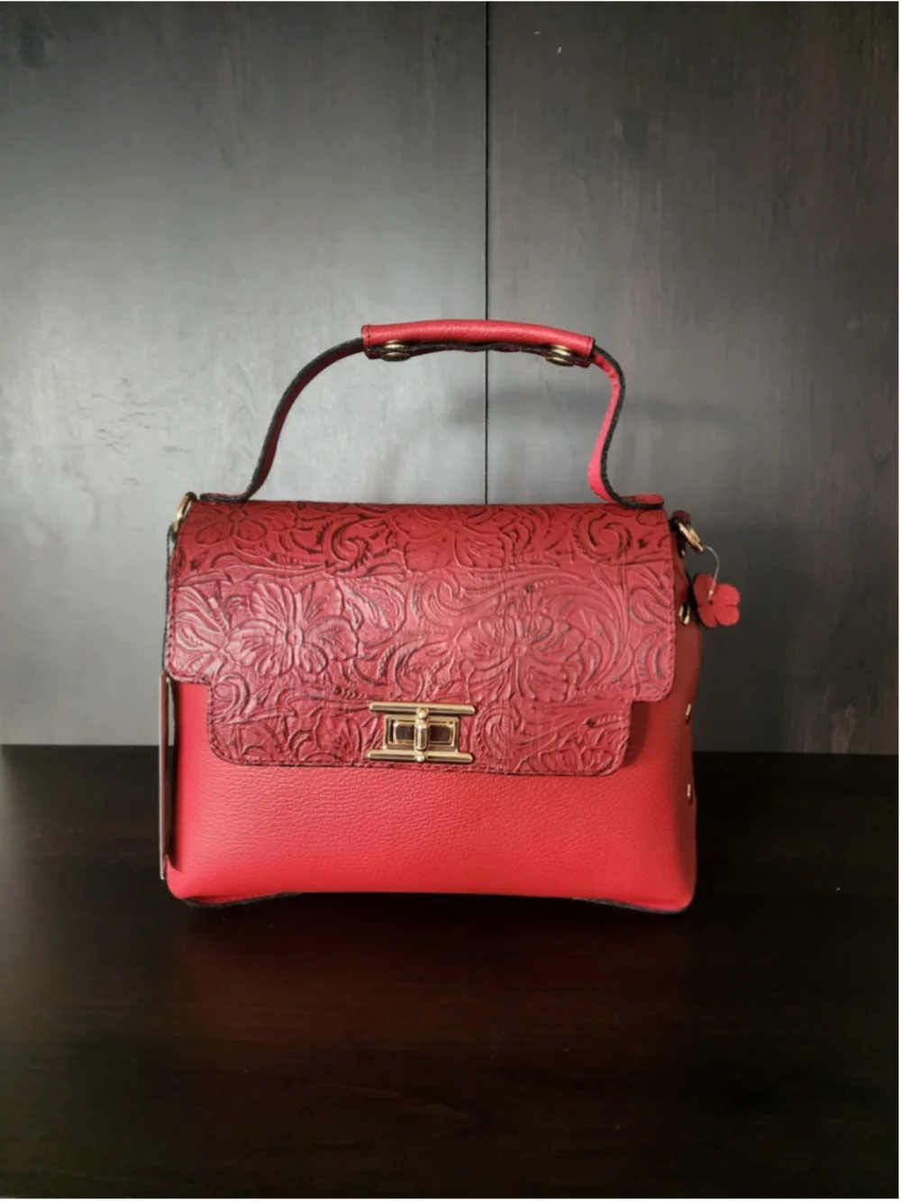 Red Floral Studded Embossed Artisan LEATHER Purse Handbag Crossbody Bag